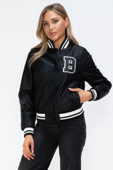 Love Me Now PU Leather Contrast Snap Down Bomber Jacket - Trendsi