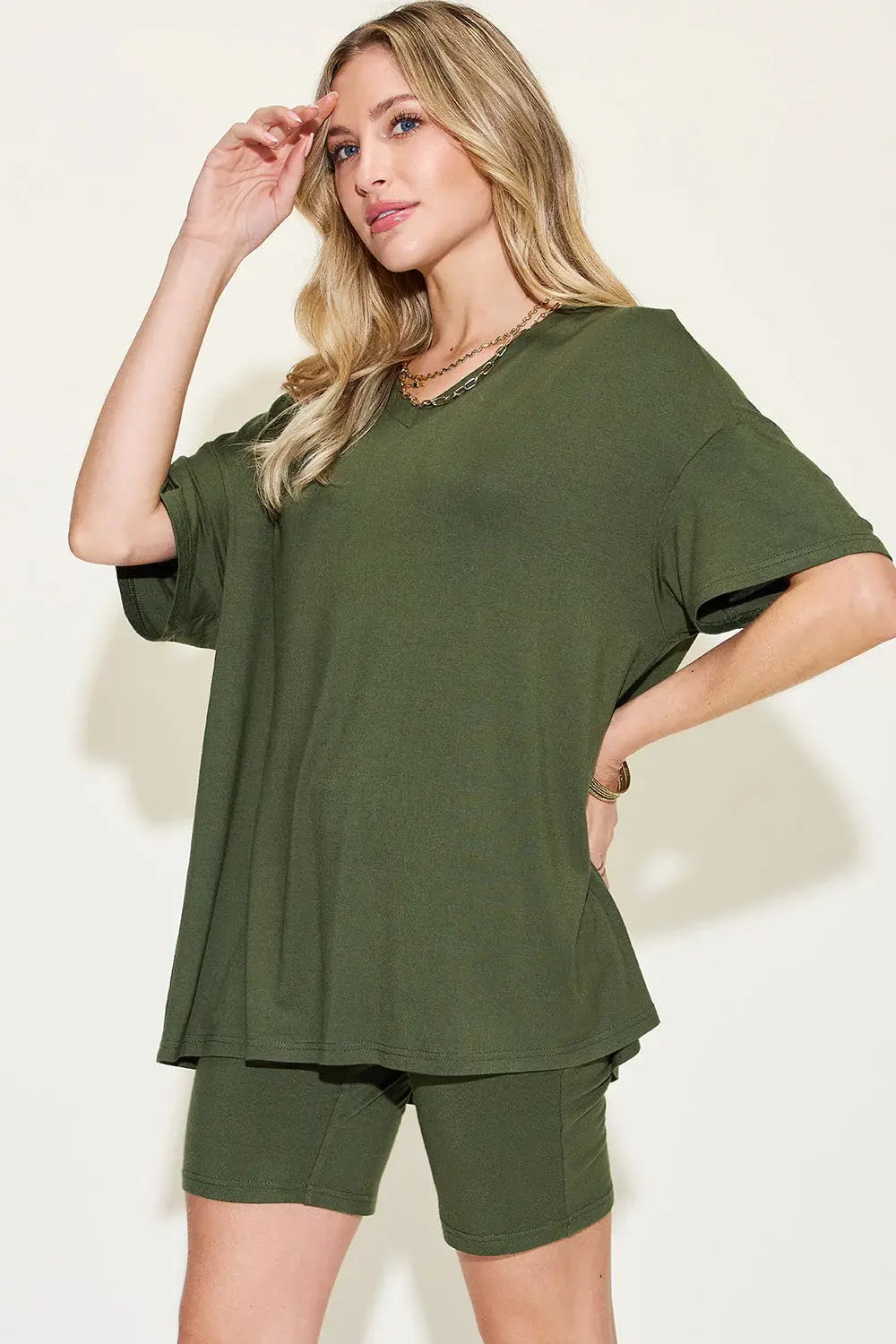 Basic Bae Full Size V-Neck Drop Shoulder T-Shirt and Shorts Set - ShopBasicbae - Flyclothing LLC