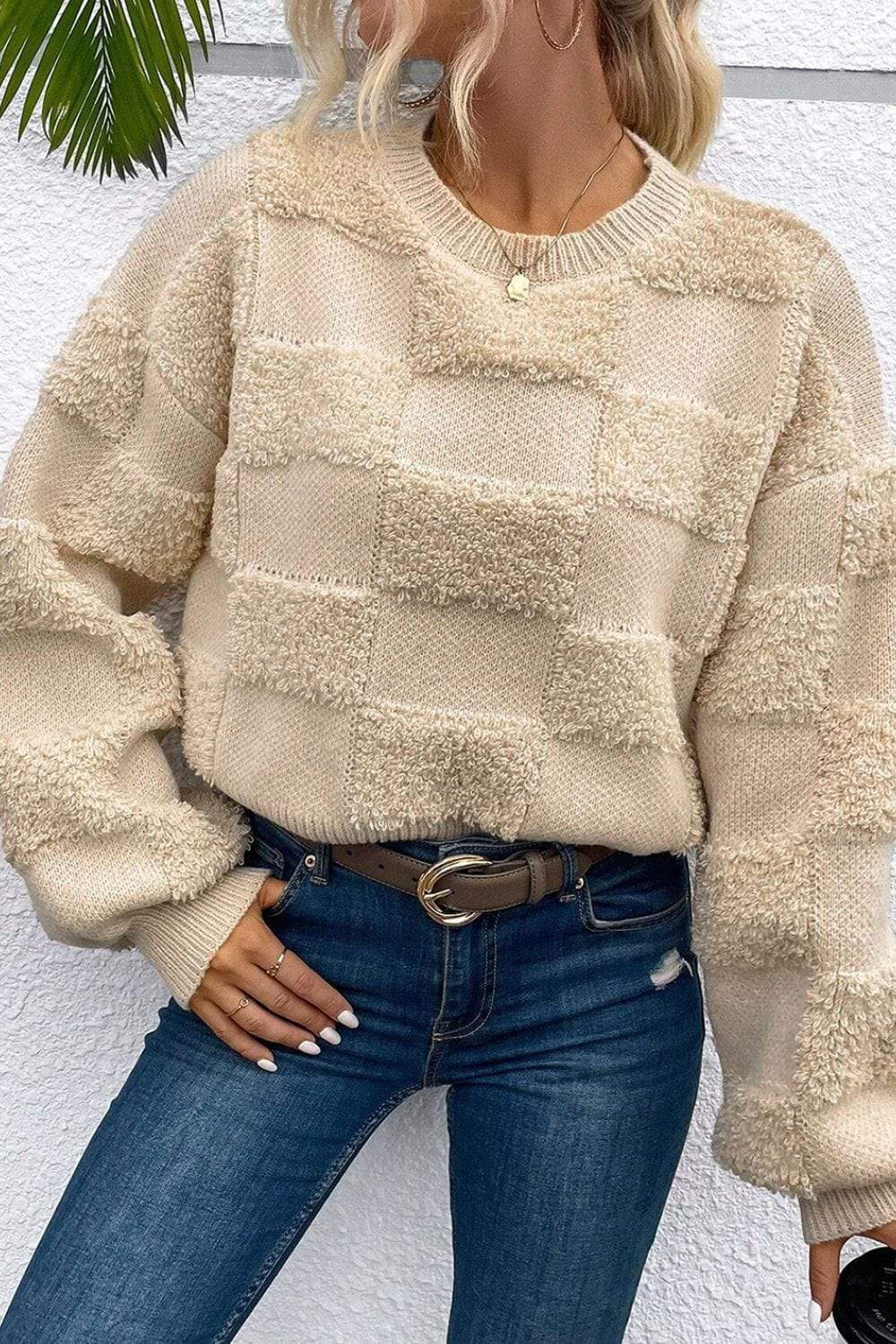 Checkered Round Neck Dropped Shoulder Sweater - Trendsi - Flyclothing LLC