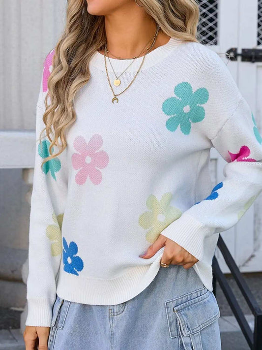 Flower Round Neck Long Sleeve Sweater - Trendsi - Flyclothing LLC