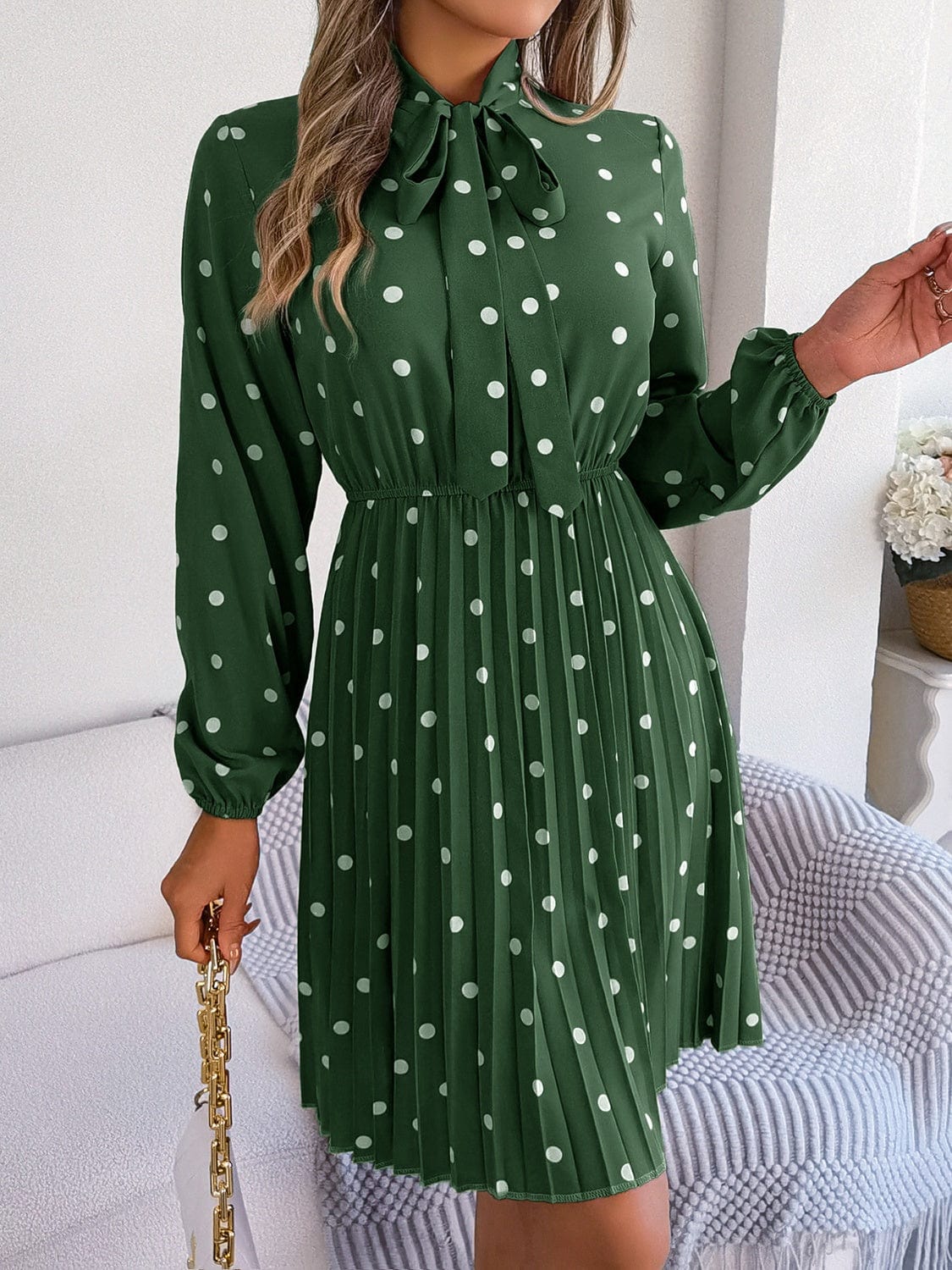 Polka Dot Tie Neck Pleated Dress - Trendsi