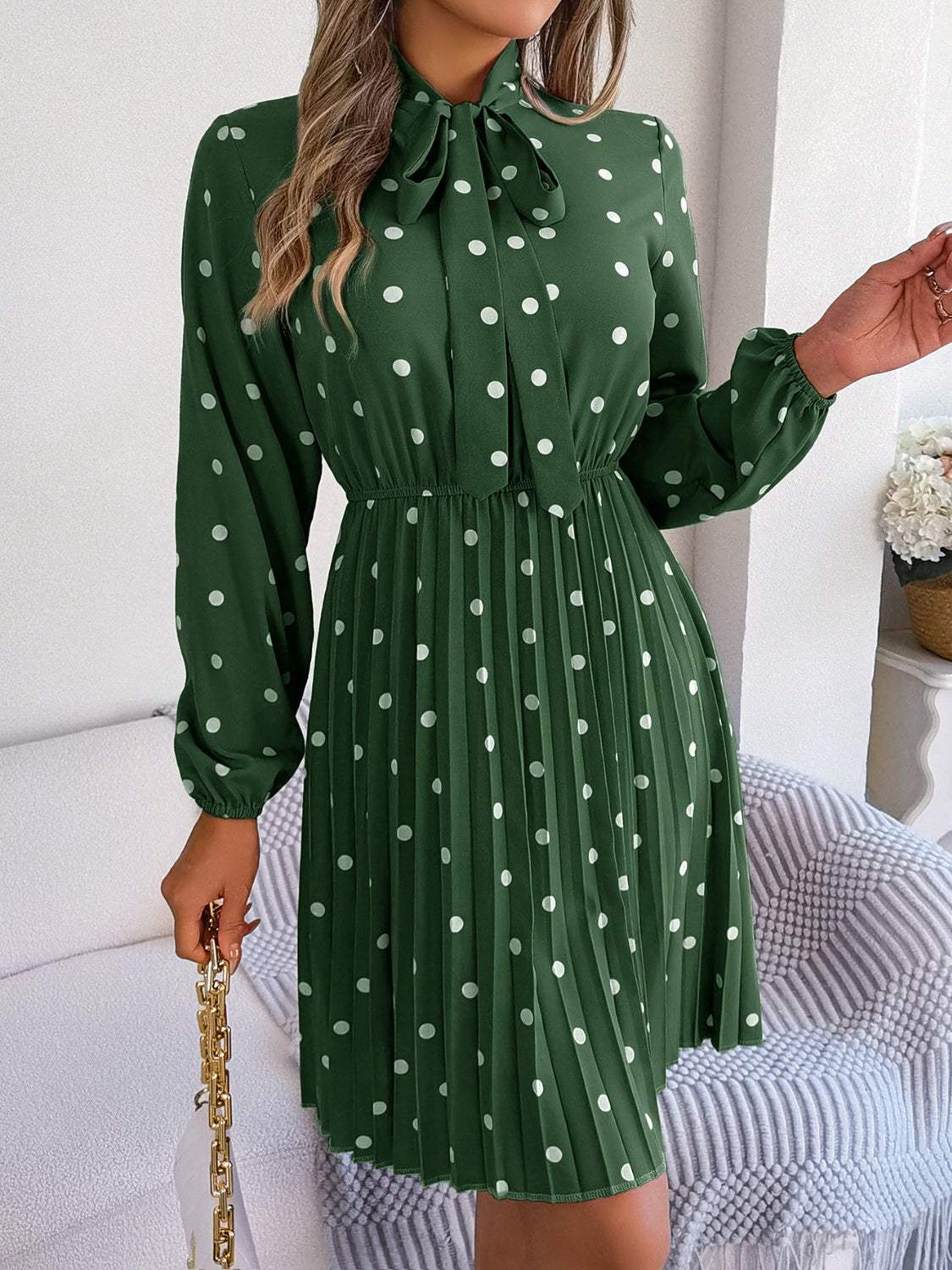 Polka Dot Tie Neck Pleated Dress - Trendsi - Flyclothing LLC