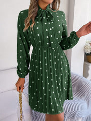 Polka Dot Tie Neck Pleated Dress - Trendsi