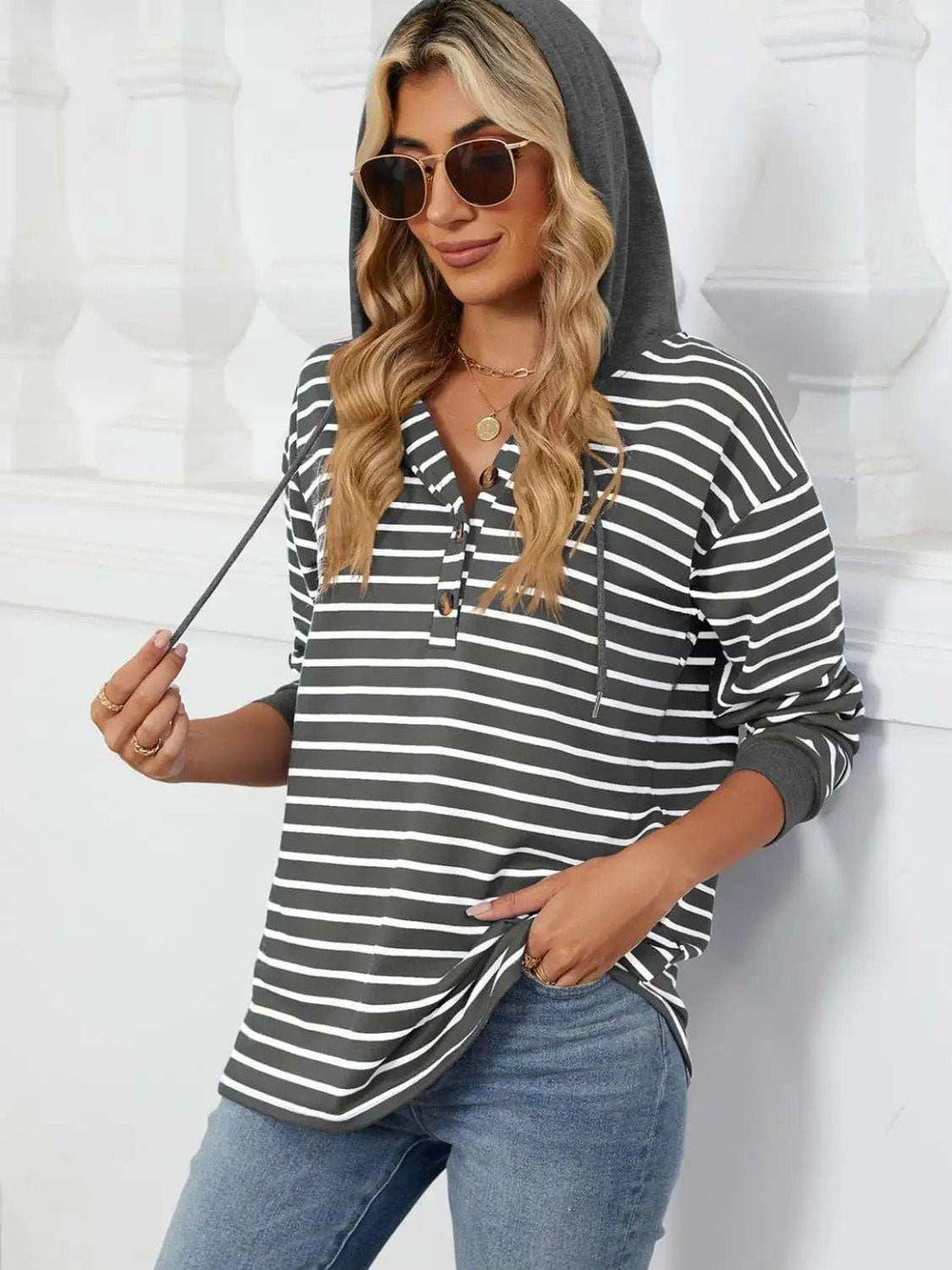 Drawstring Striped Long Sleeve Hoodie - Trendsi - Flyclothing LLC
