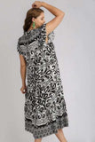 Umgee Full Size Two Tone Border Print Ruffle Cap Sleeve Midi Dress Plus Size - Trendsi - Flyclothing LLC