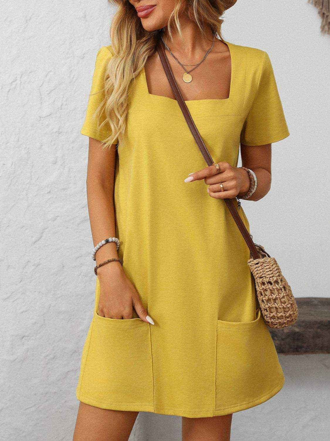 Mandy Square Neck Short Sleeve Mini Dress - Trendsi - Flyclothing LLC