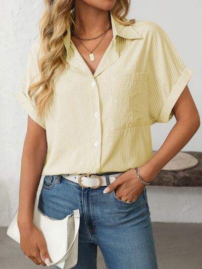 Mandy Pocketed Striped Collared Neck Short Sleeve Shirt - Trendsi - Flyclothing LLC