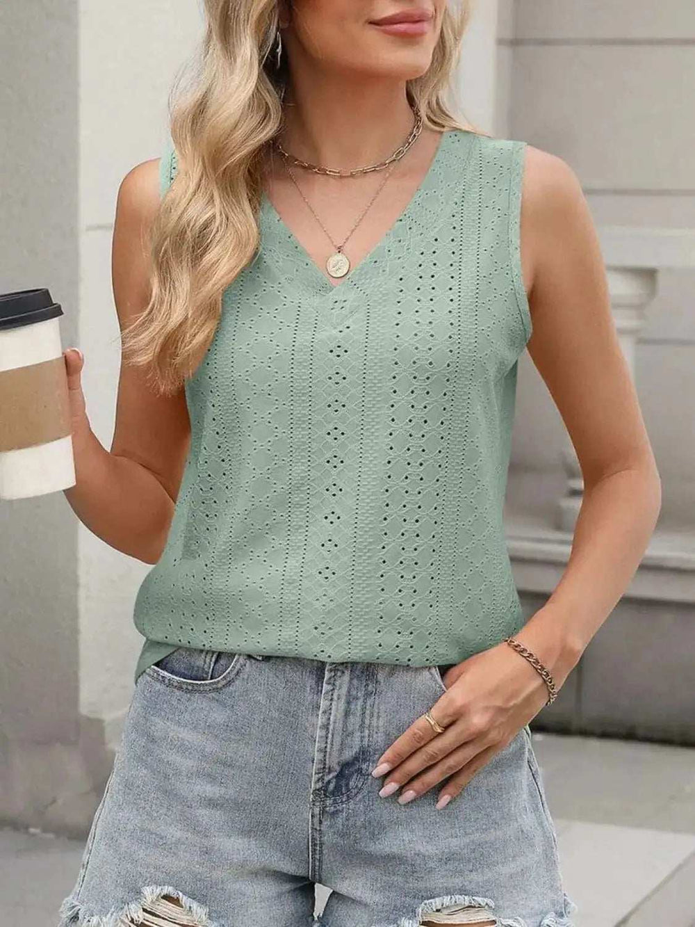 V-Neck Eyelet Knit Cami Tank Top - Trendsi - Flyclothing LLC