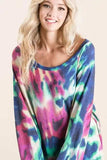 BiBi Tie Dye Print Terry Top with Puff Sleeves - Trendsi - Flyclothing LLC