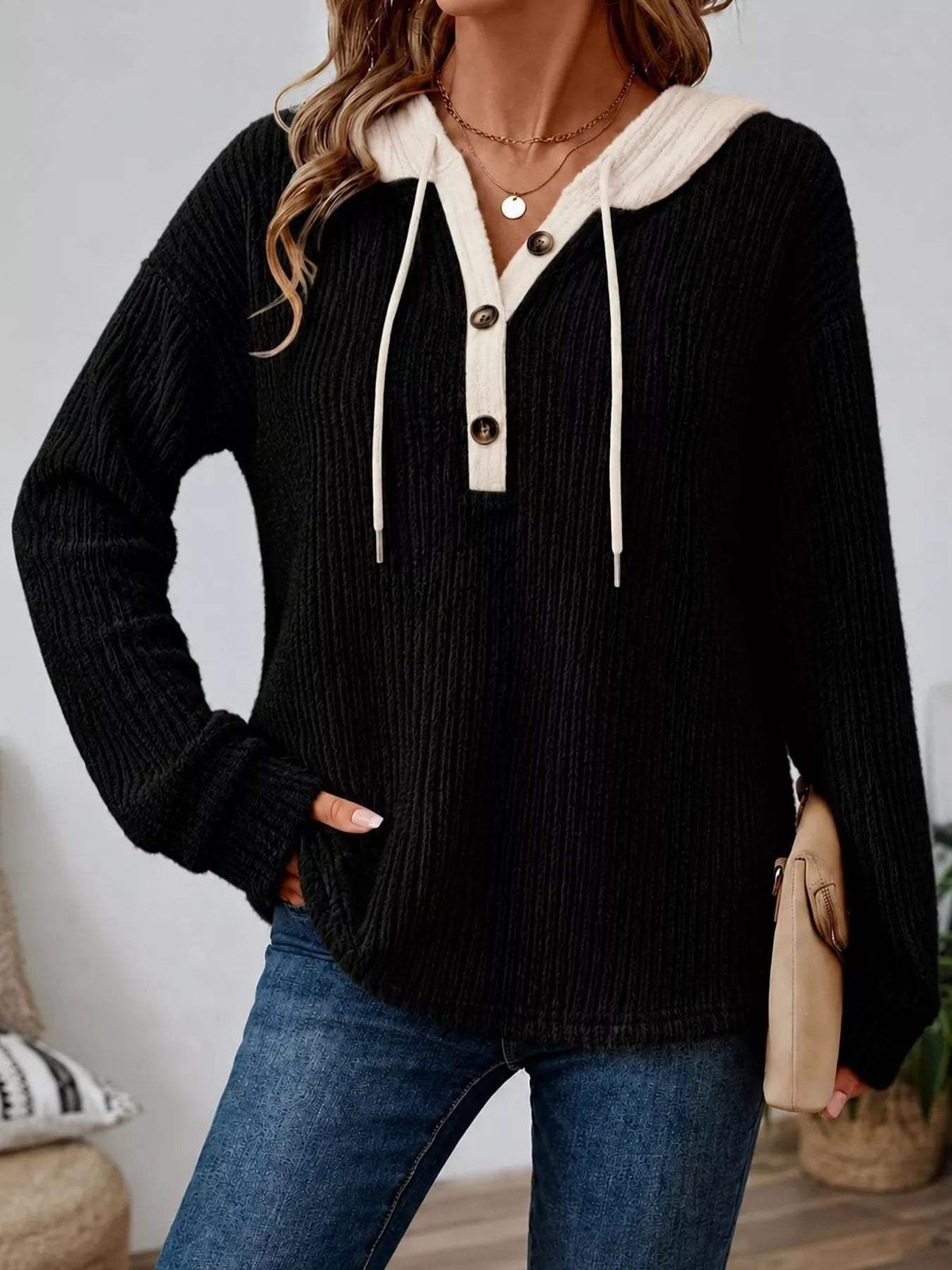 Full Size Drawstring Button Detail Hooded Sweater Plus Size - Trendsi - Flyclothing LLC