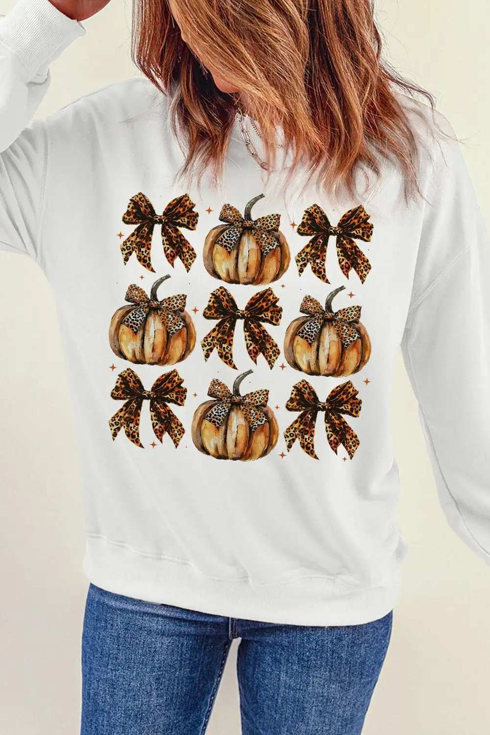 Pumpkin & Bow Graphic Long Sleeve Sweatshirt - Trendsi - Flyclothing LLC