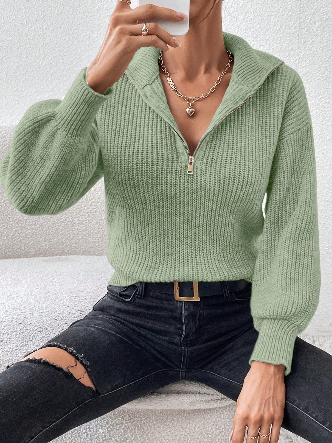 Honey Half Zip Dropped Shoulder Sweater - Trendsi