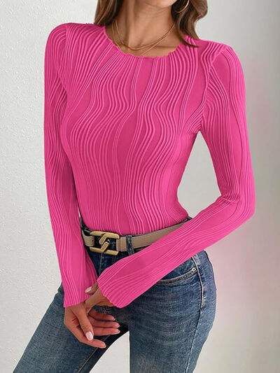 Textured Round Neck Long Sleeve Top - Trendsi - Flyclothing LLC