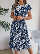 Tied Pleated Printed Short Sleeve Dress - Trendsi - Flyclothing LLC