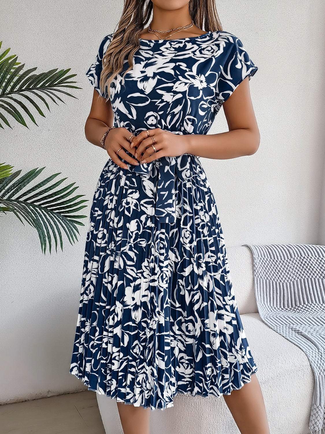 Tied Pleated Printed Short Sleeve Dress - Trendsi - Flyclothing LLC
