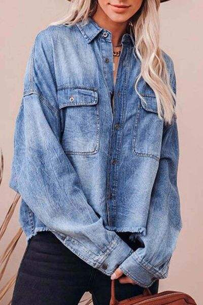 Collared Neck Raw Hem Long Sleeve Denim Shirt - Trendsi - Flyclothing LLC