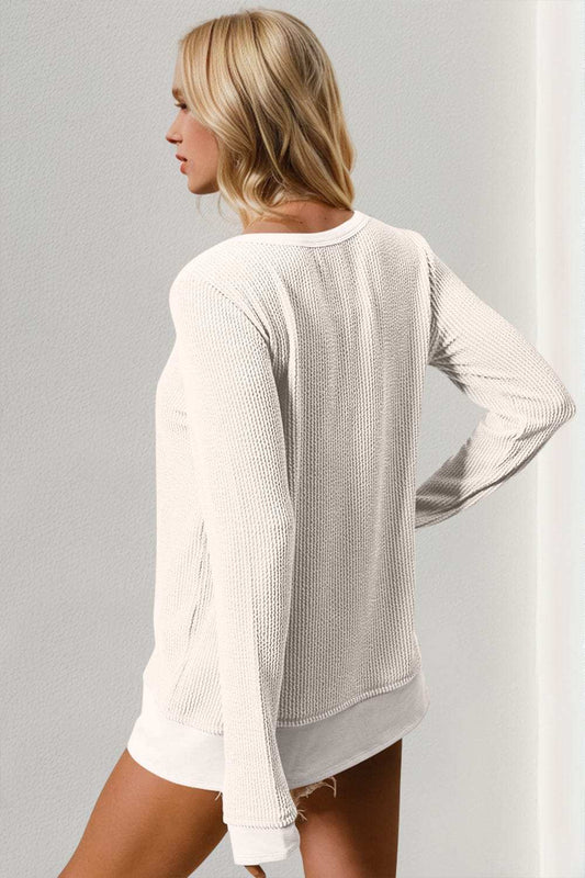 Double Take Corded Rib Thumbhole Cuff Round Neck T-Shirt - Trendsi - Flyclothing LLC