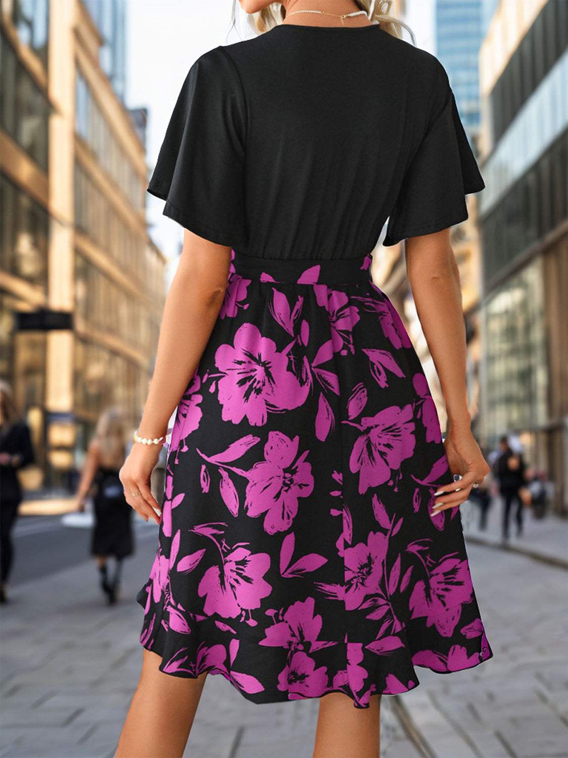 Tied Printed Surplice Short Sleeve Dress - Trendsi - Flyclothing LLC