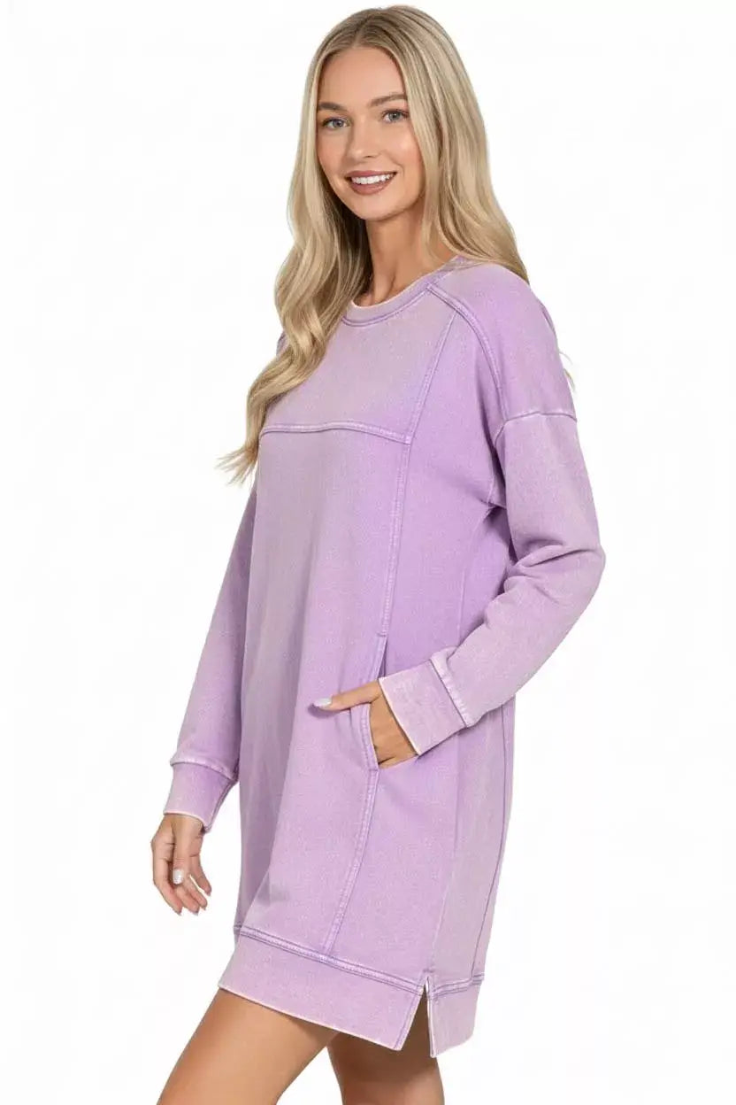 Zenana French Terry Acid Washed Dress with Pockets - Trendsi - Flyclothing LLC