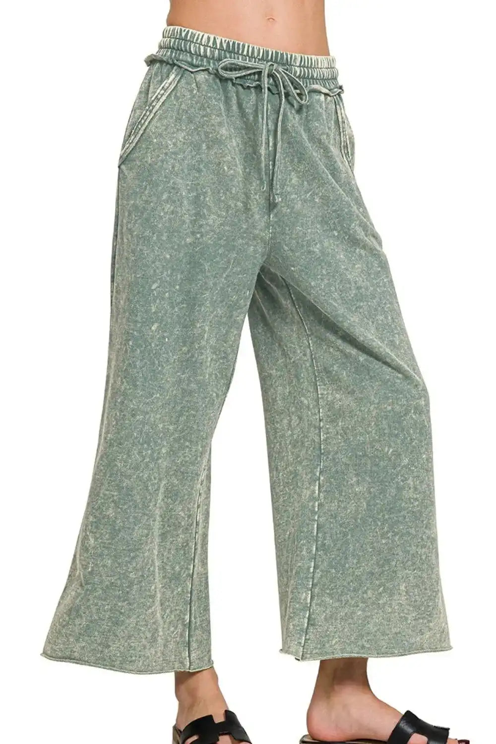 Zenana Washed French Terry Palazzo With Pockets - Trendsi