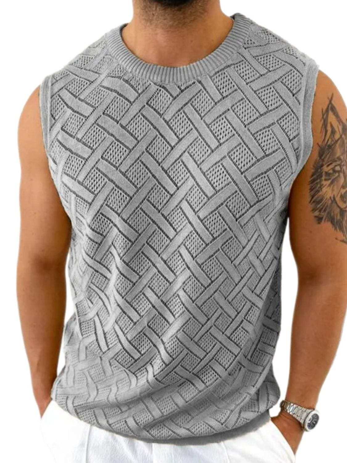 Men's Round Neck Sleeveless Eyelet Knit Top - Trendsi - Flyclothing LLC