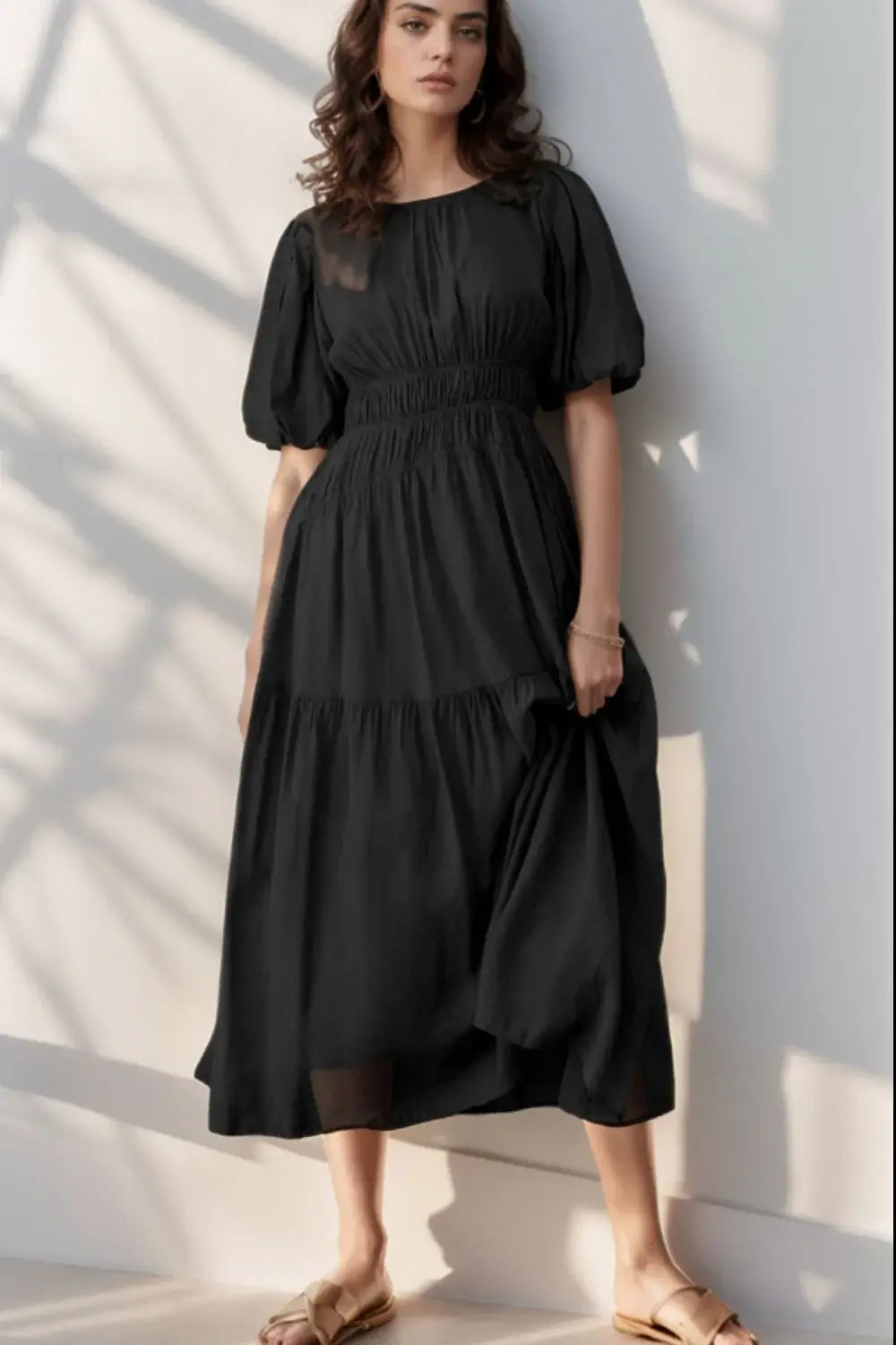 Puff Sleeve Pleated High Waist Flowy Midi Dress - Trendsi - Flyclothing LLC