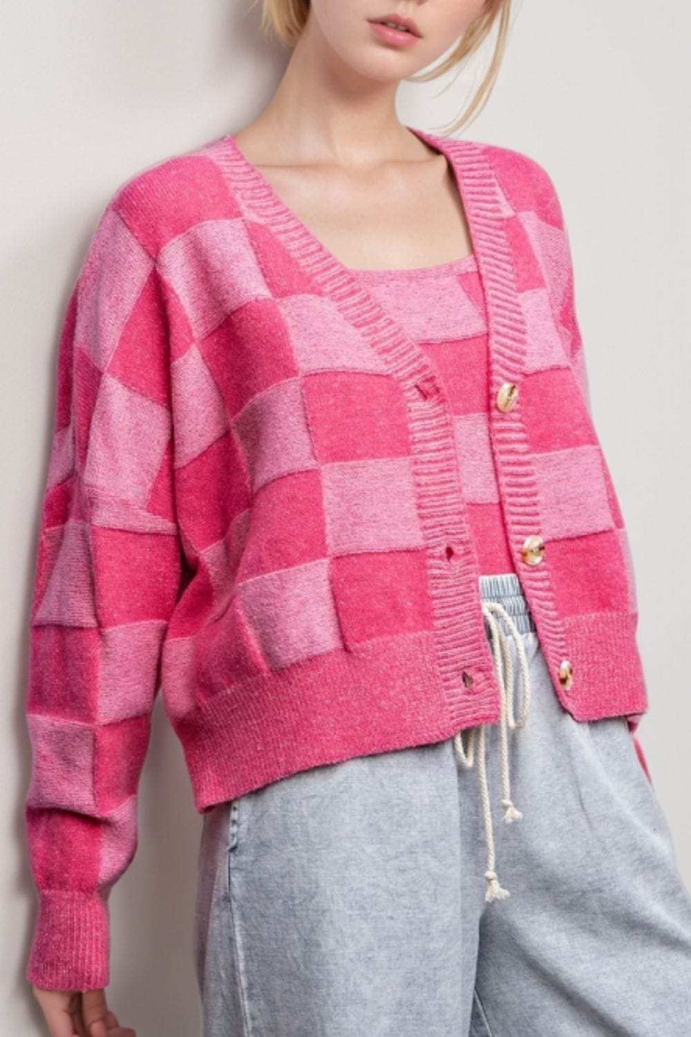 Checkered V-Neck Long Sleeve Cardigan - Trendsi - Flyclothing LLC
