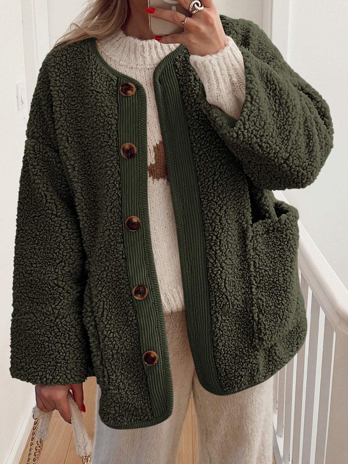 Contrast Button Up Sherpa Jacket with Pockets - Trendsi - Flyclothing LLC
