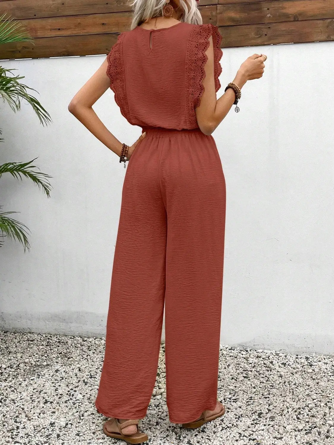 Lace Trim Round Neck Top and Pants Set - Trendsi - Flyclothing LLC