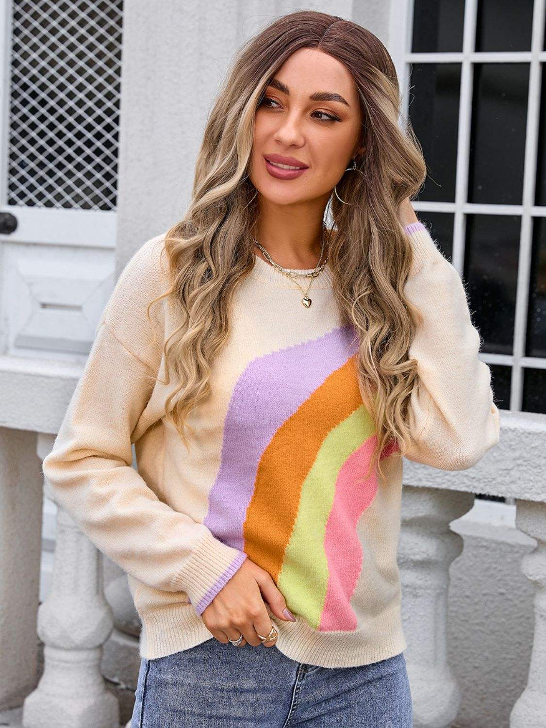 Rainbow Round Neck Long Sleeve Sweater - Trendsi - Flyclothing LLC