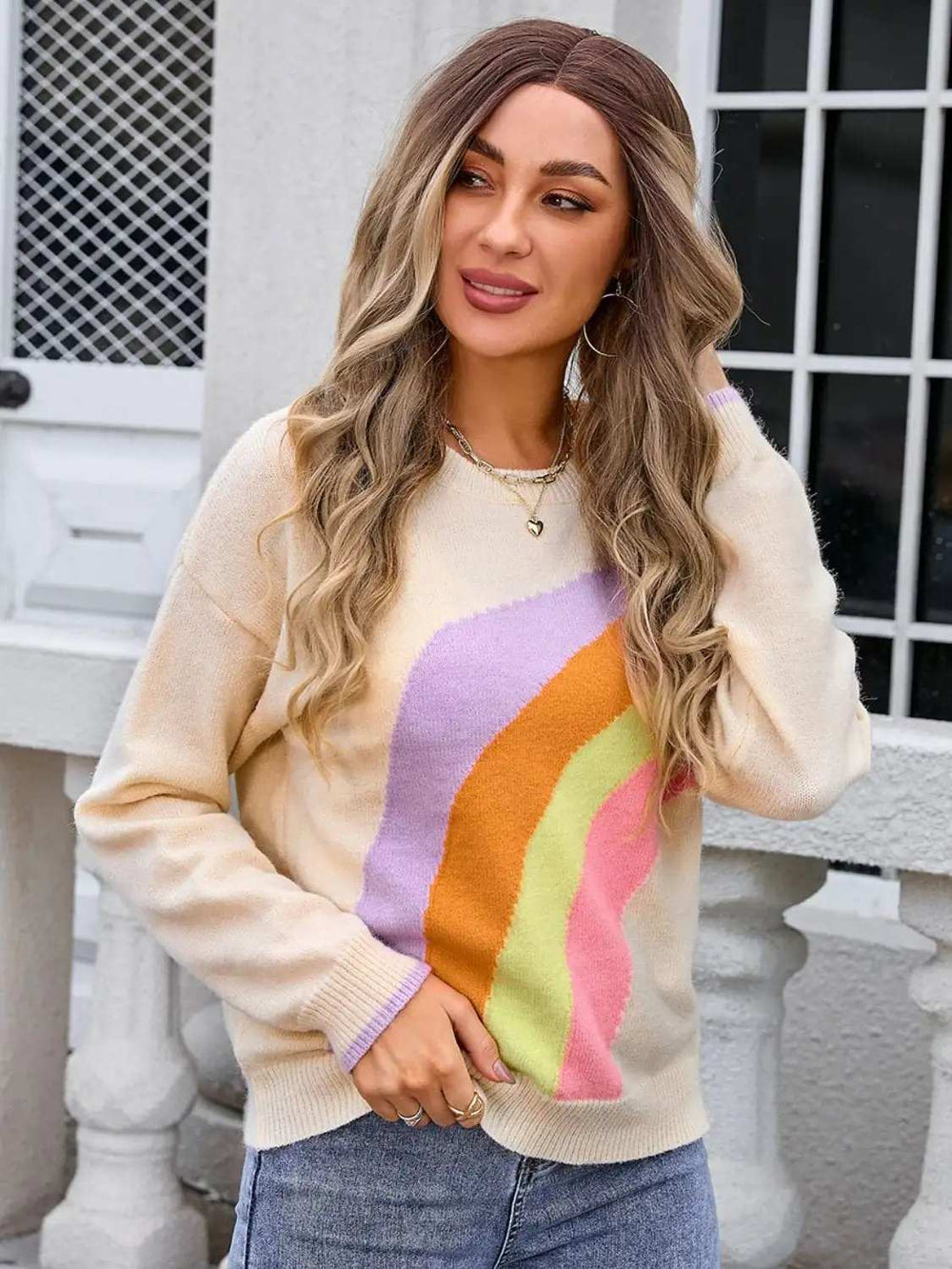 Rainbow Round Neck Long Sleeve Sweater - Trendsi - Flyclothing LLC
