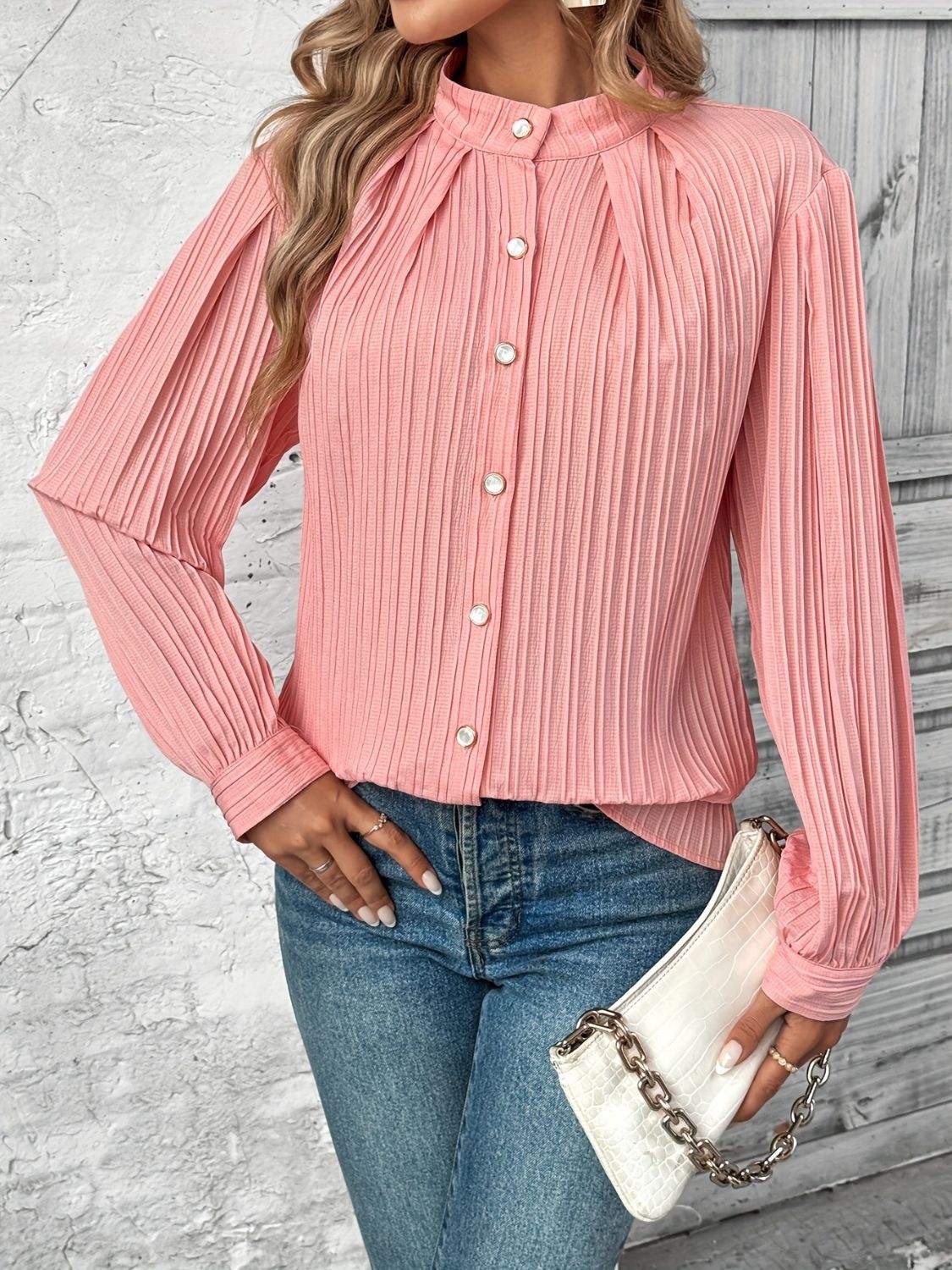 Button Down Mock Neck Long Sleeve Shirt - Trendsi - Flyclothing LLC