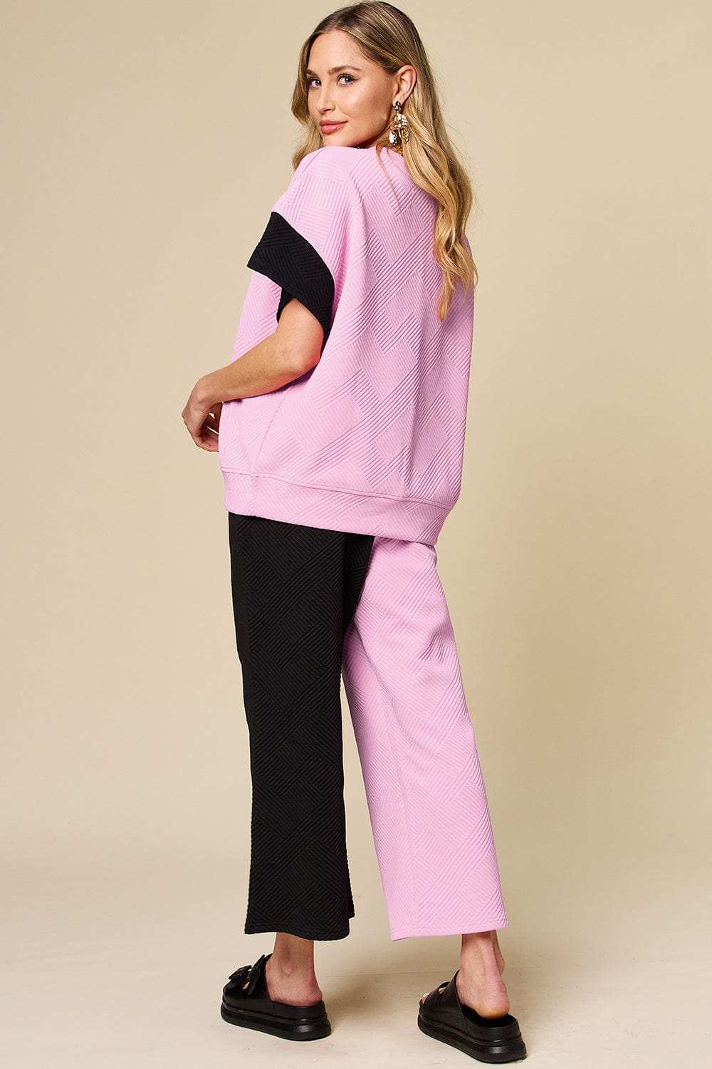 Double Take Full Size Texture Contrast T-Shirt and Wide Leg Pants Set - Trendsi - Flyclothing LLC