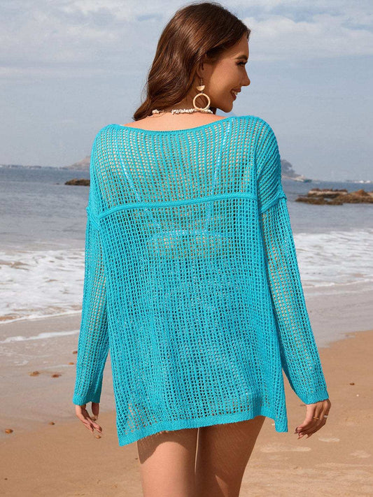 Openwork Slit Boat Neck Long Sleeve Cover-Up - Trendsi - Flyclothing LLC