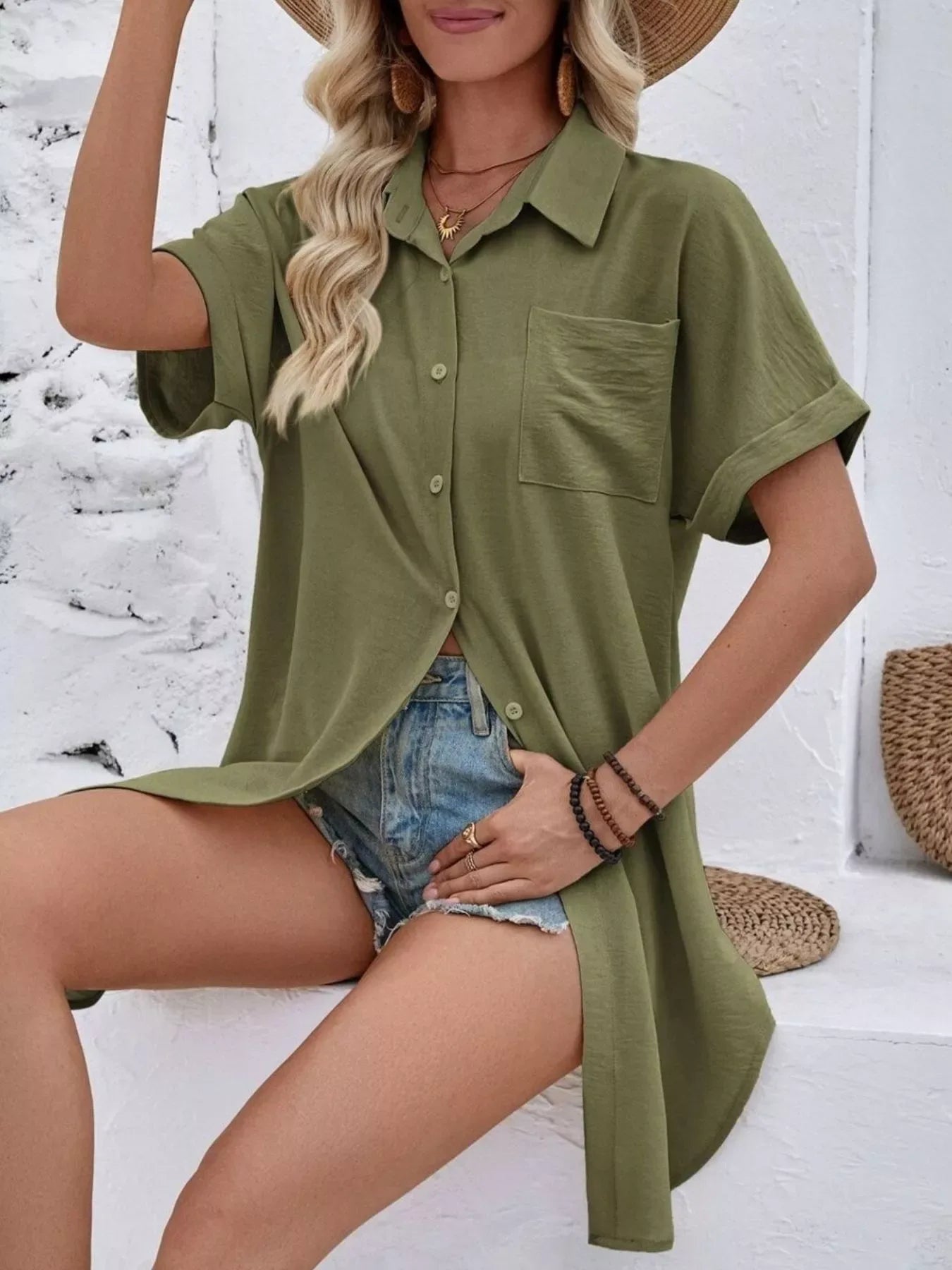 Relaxed Fit Button-Down Longline Shirt - Trendsi - Flyclothing LLC
