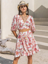Printed Half Sleeve Top and Layered Skirt Set - Trendsi - Flyclothing LLC