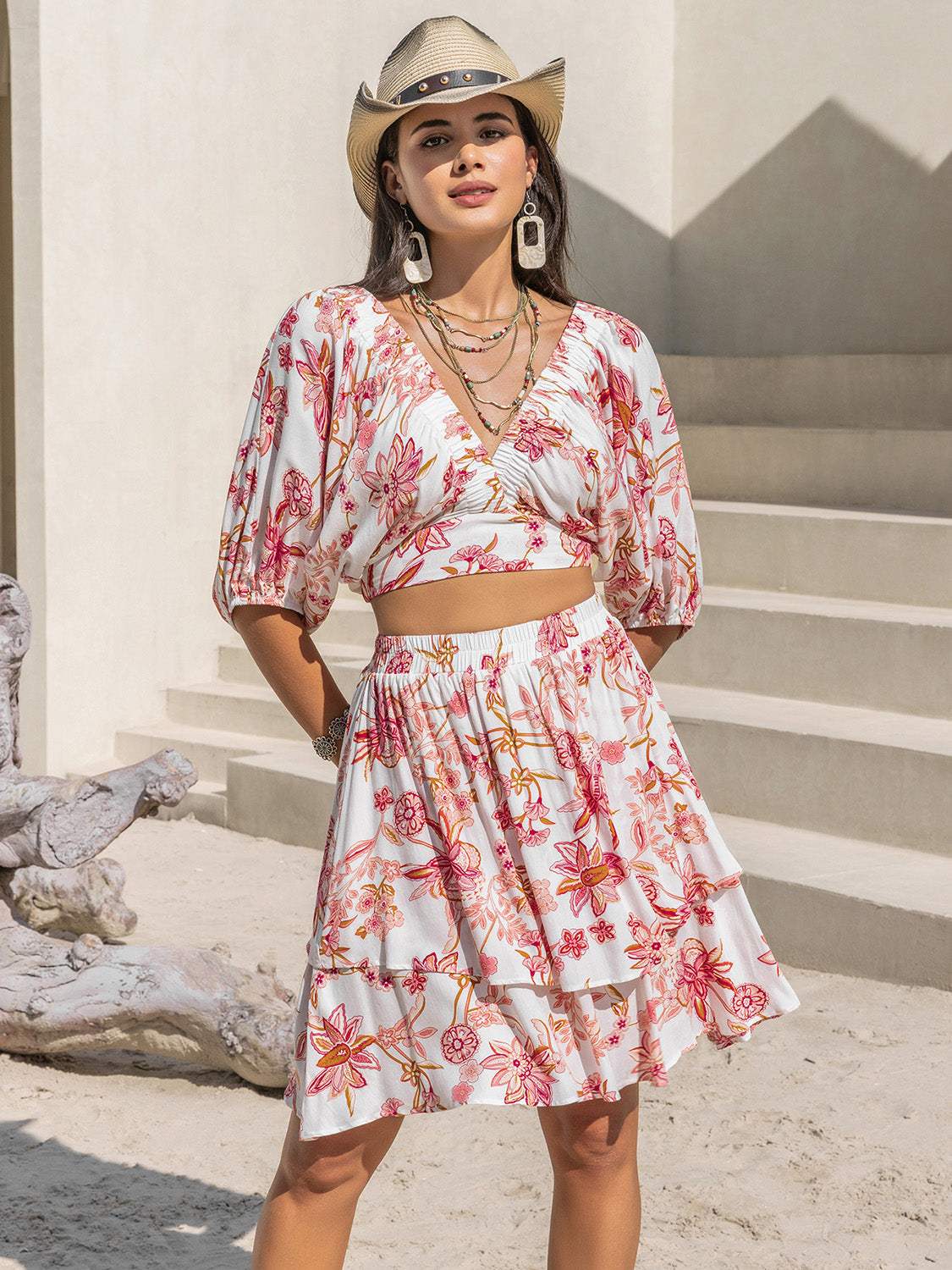 Printed Half Sleeve Top and Layered Skirt Set - Trendsi - Flyclothing LLC