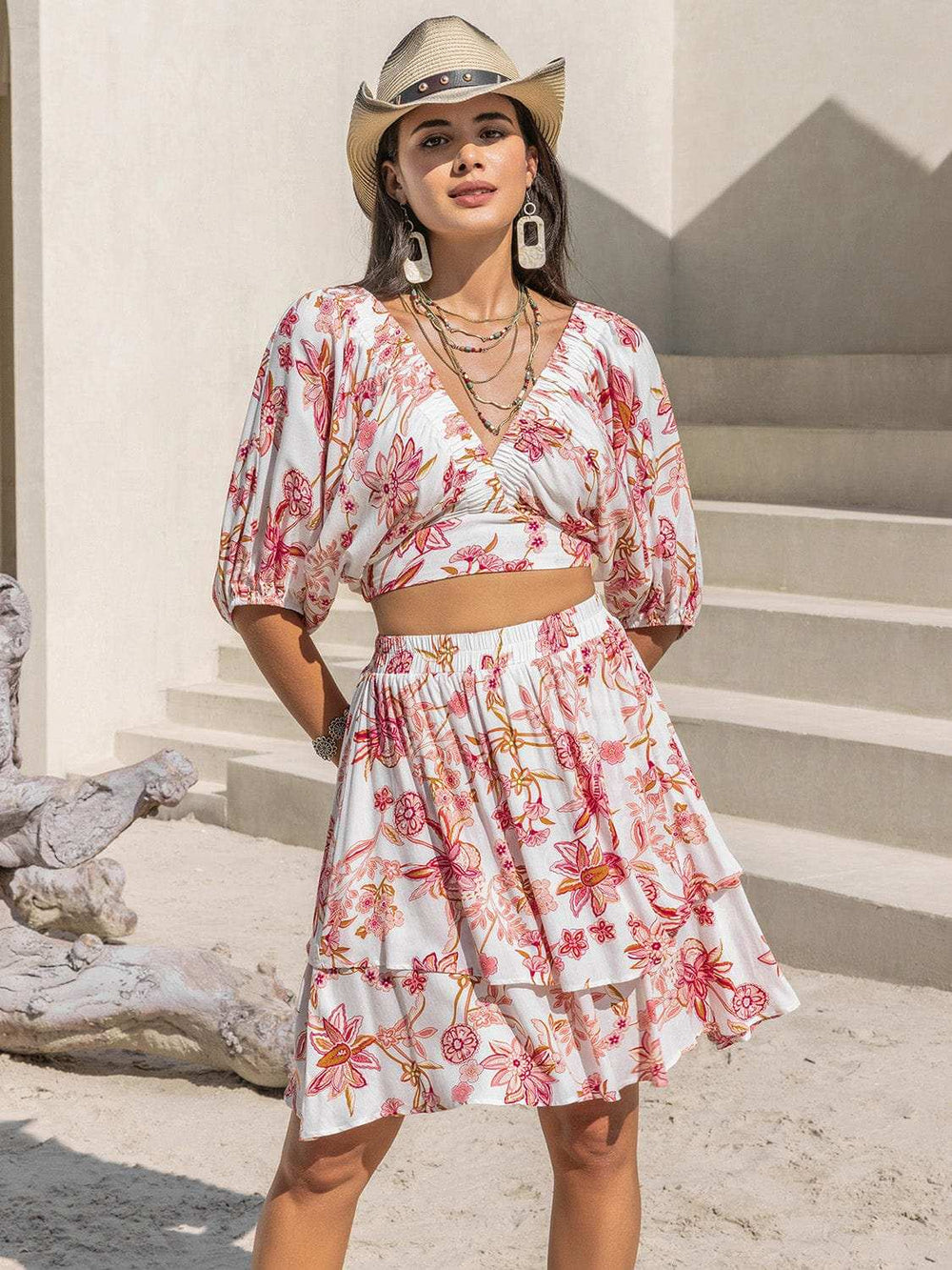 Printed Half Sleeve Top and Layered Skirt Set - Trendsi - Flyclothing LLC