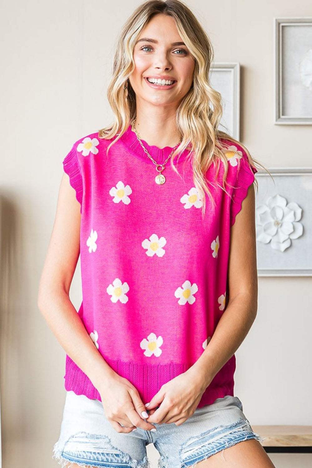 First Love Full Size Flower Pattern Round Neck Sweater Vest - Trendsi - Flyclothing LLC