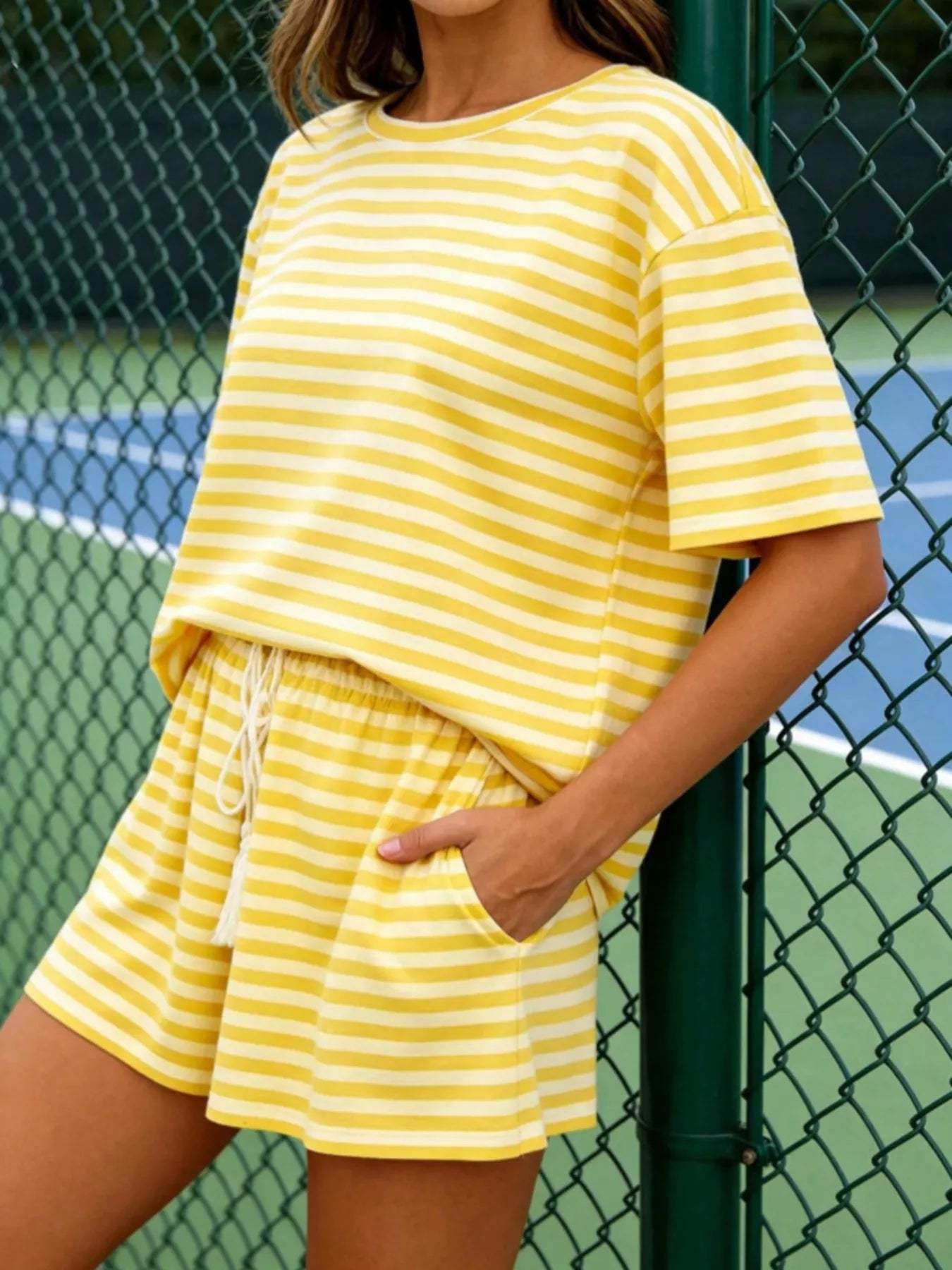 Striped Short Sleeve Tee and Drawstring Shorts Set - Trendsi - Flyclothing LLC