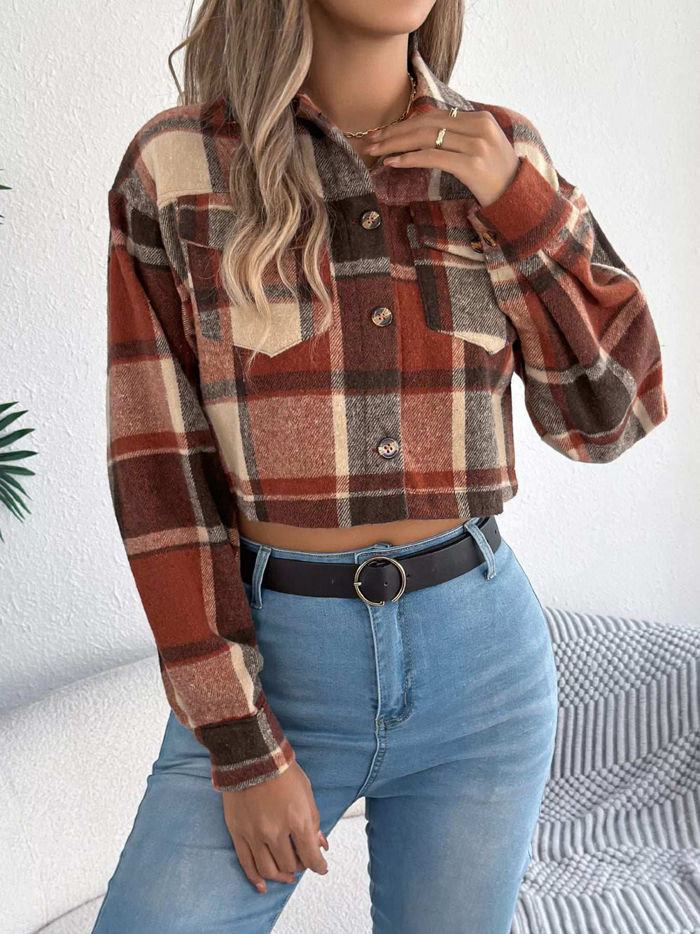 Plaid Button Up Cropped Jacket - Trendsi - Flyclothing LLC