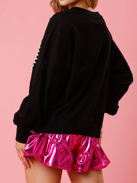 Pearl Trim Round Neck Sweatshirt - Trendsi