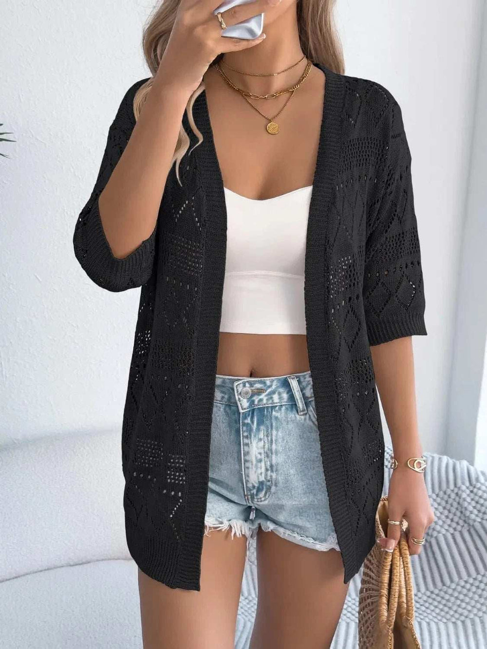 Openwork Open Front Half Sleeve Cardigan - Trendsi - Flyclothing LLC