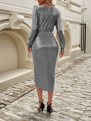Devine Tied Boat Neck Long Sleeve Dress - Trendsi