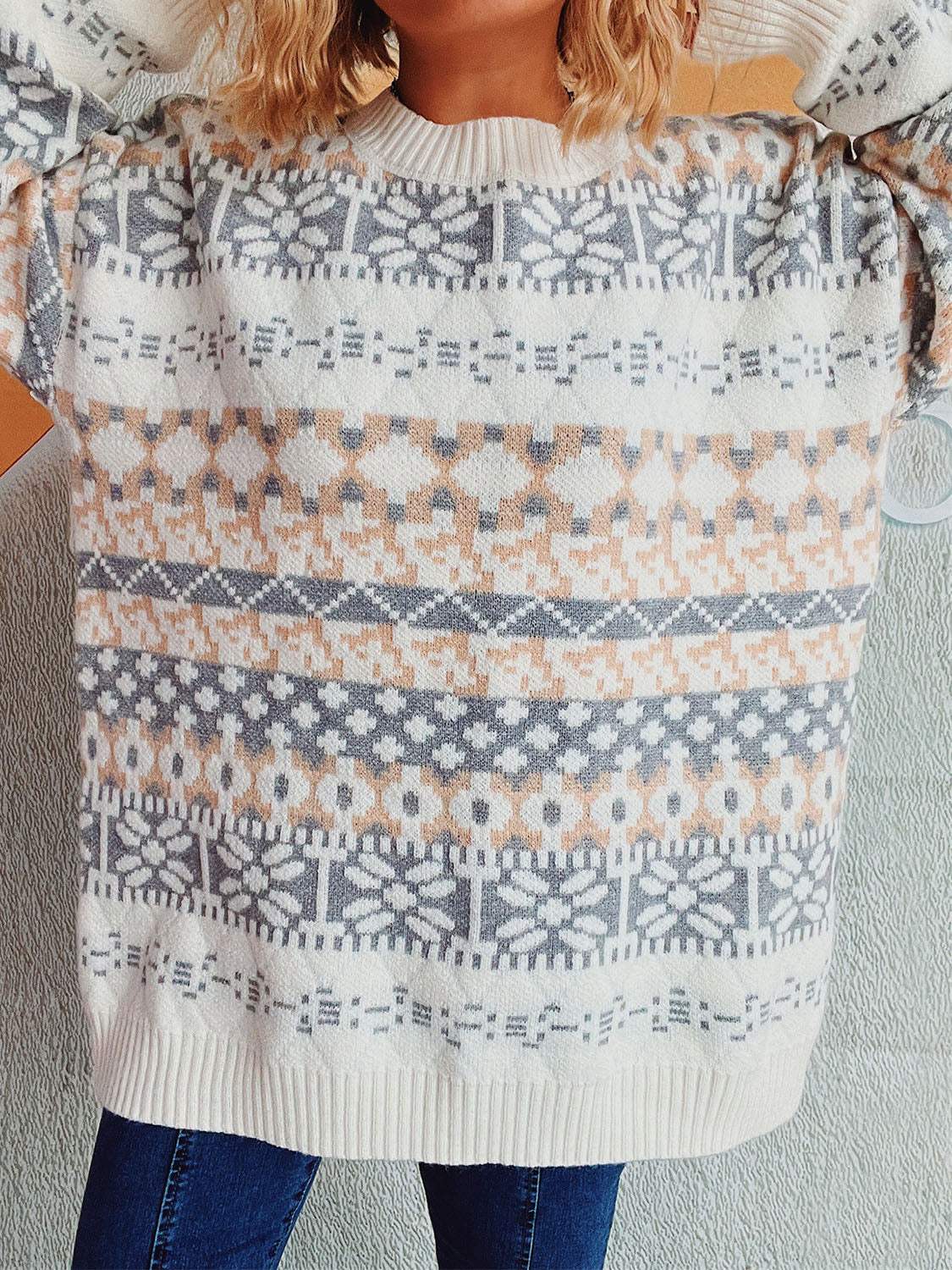 Geometric Round Neck Dropped Shoulder Sweater - Trendsi - Flyclothing LLC