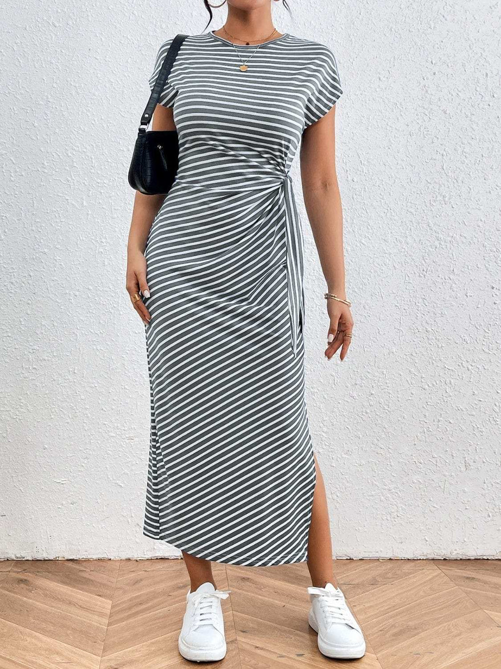 Tied Striped Round Neck Short Sleeve Tee Dress - Trendsi - Flyclothing LLC