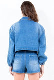 American Bazi Full Size Drop Shoulder Cropped Denim Jacket with Waist Strap Plus Size - Trendsi