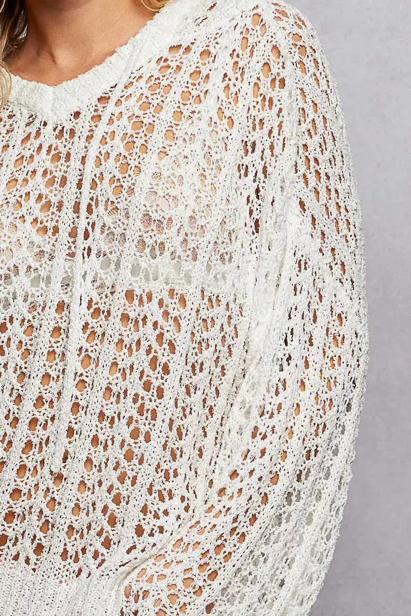 POL Openwork Round Neck High Low Knit Top - Trendsi - Flyclothing LLC