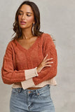 SO ME Chenille Cable Knit V Neck Contrast Cropped Sweater - Trendsi - Flyclothing LLC