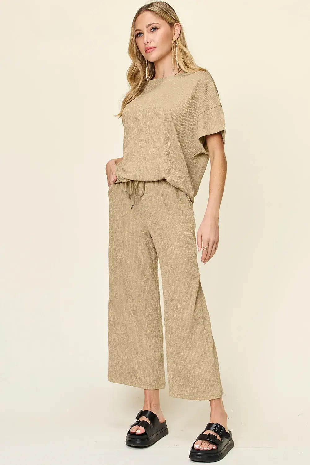 Double Take Full Size Texture Round Neck Short Sleeve T-Shirt and Wide Leg Pants - Trendsi - Flyclothing LLC